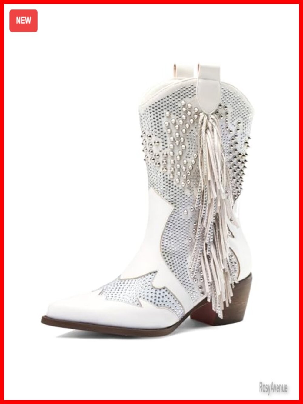 Sparkly Rhinestone Cowboy Boots Pointed Toe Chunky Heel Tassel Western Ankle